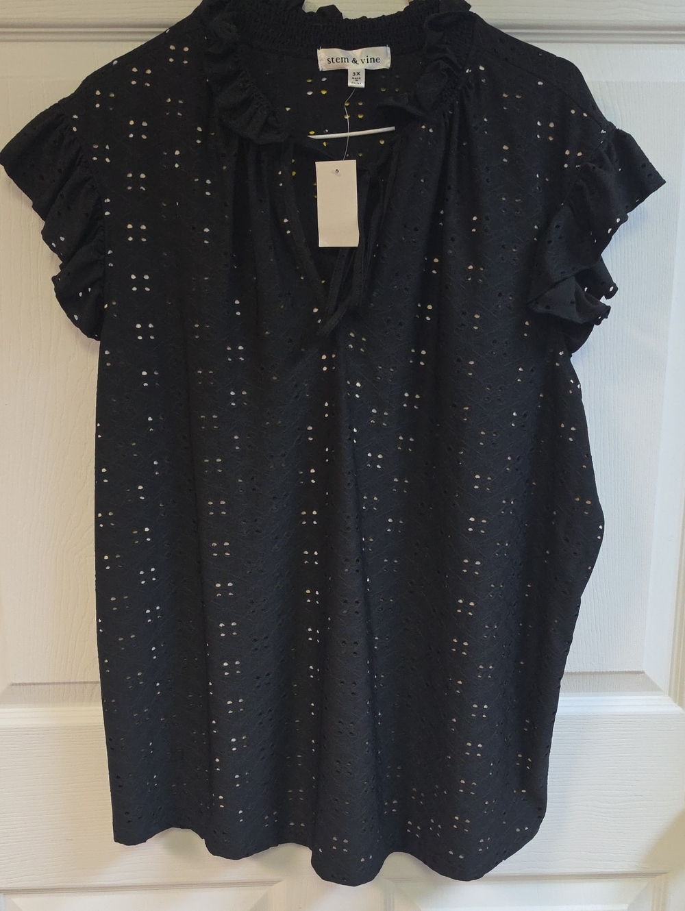 Stem & Vine Black Eyelet Ruffle Sleeve Women's Top